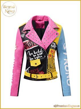 Faux Leather Floral Moto Jacket Studded Belted Slim Fit Women's
